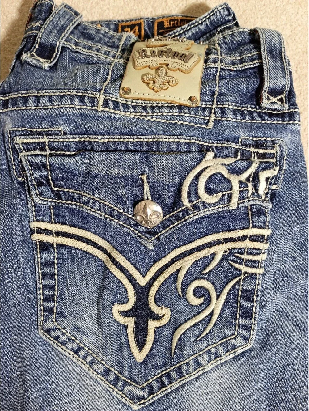 Rock Revival Jeans Men 34x31 Briley Straight Fit Embroidered Denim Pants Flap